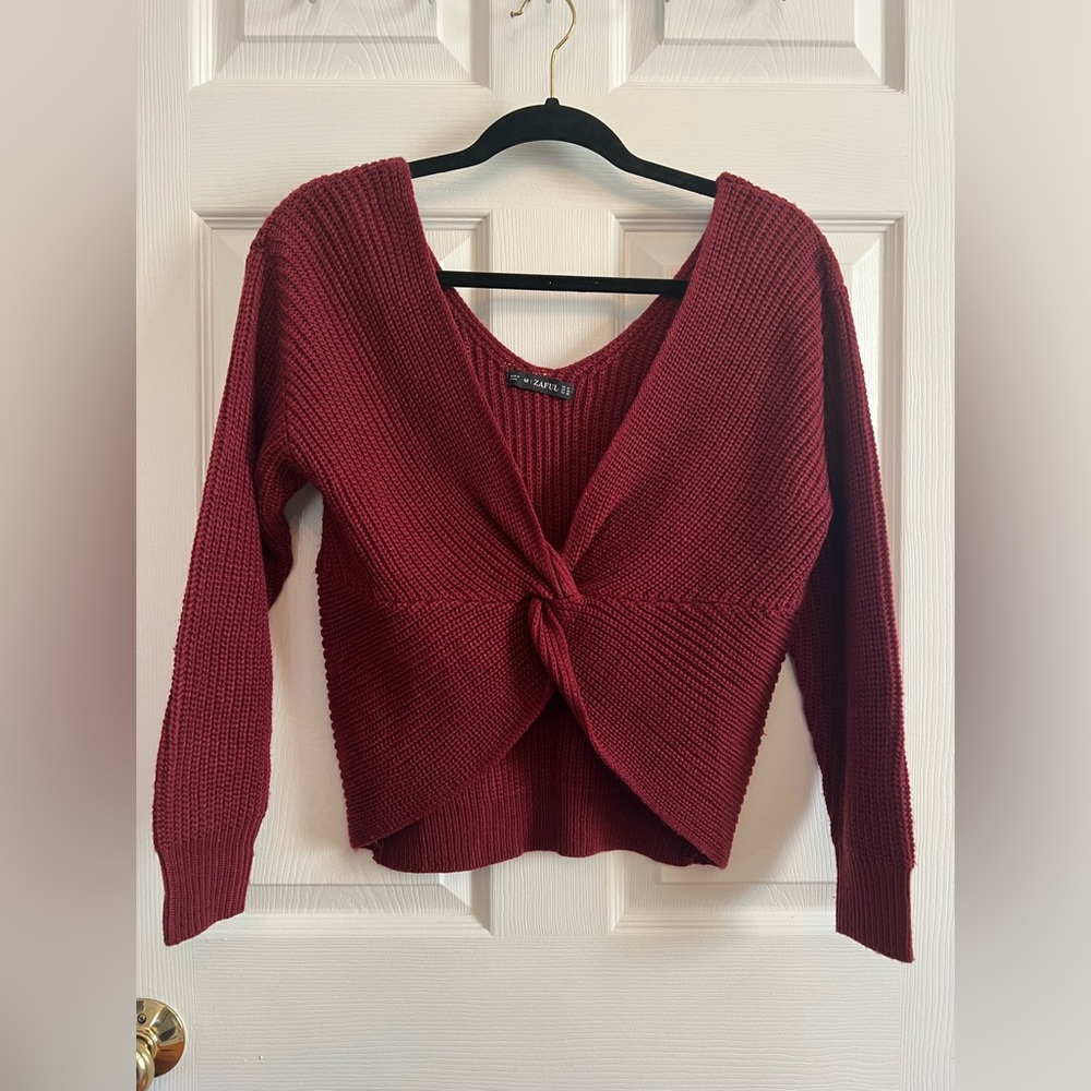 Zaful Burgundy V-Neck Knotted Sweater